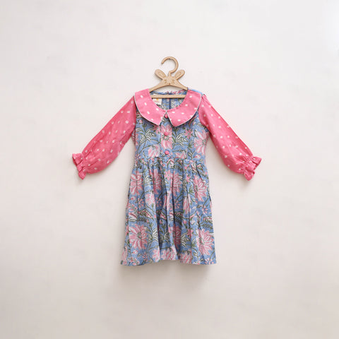 Pink - Pure Cotton Girls Frock Dress in Sanganeri Floral Print (3-4 Years) 11