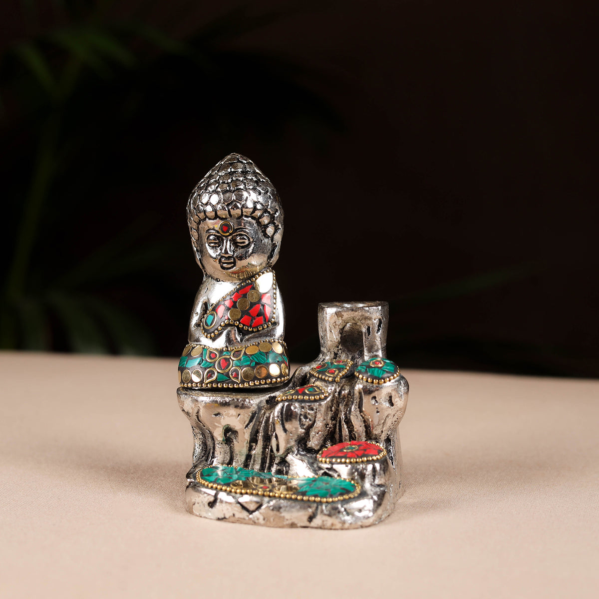Tibetan Monk Buddha Smoke Backflow Stone Work White Metal Meditating Incense Cone Holder 04