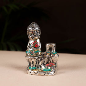 Tibetan Monk Buddha Smoke Backflow Stone Work White Metal Meditating Incense Cone Holder 04