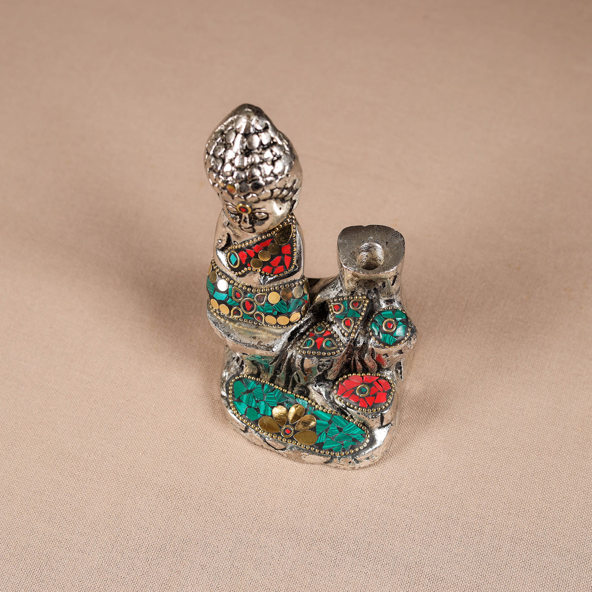 Tibetan Monk Buddha Smoke Backflow Stone Work White Metal Meditating Incense Cone Holder 04