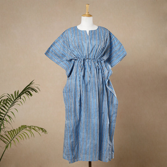 Blue - Hand Printed Cotton Kaftan with Tie-Up Waist (Long)
