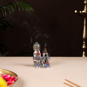 Tibetan monk buddha smoke backflow stone work white metal