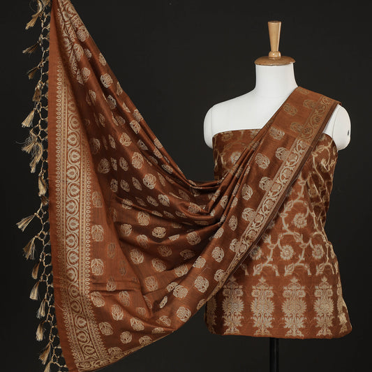 Brown - 3pc Banarasi Jamawar Mercerized Cotton Suit Material Set