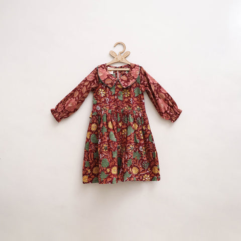 Red - Pure Cotton Girls Frock Dress in Sanganeri Floral Print (3-4 Years) 15