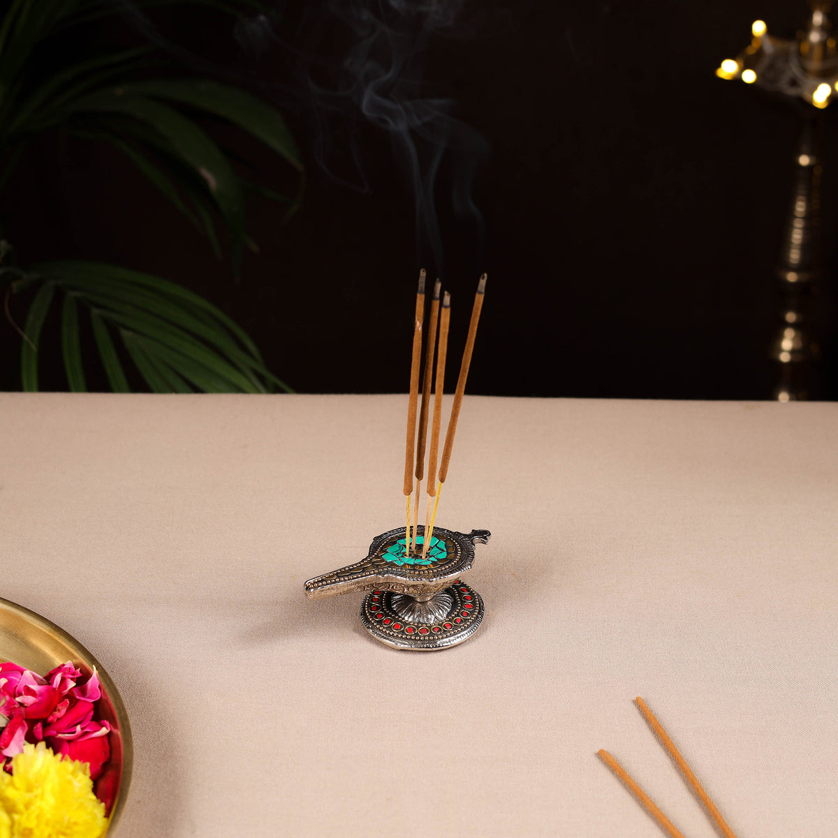 Tibetan Lamp Stone Work White Metal Incense Stick Holder 38