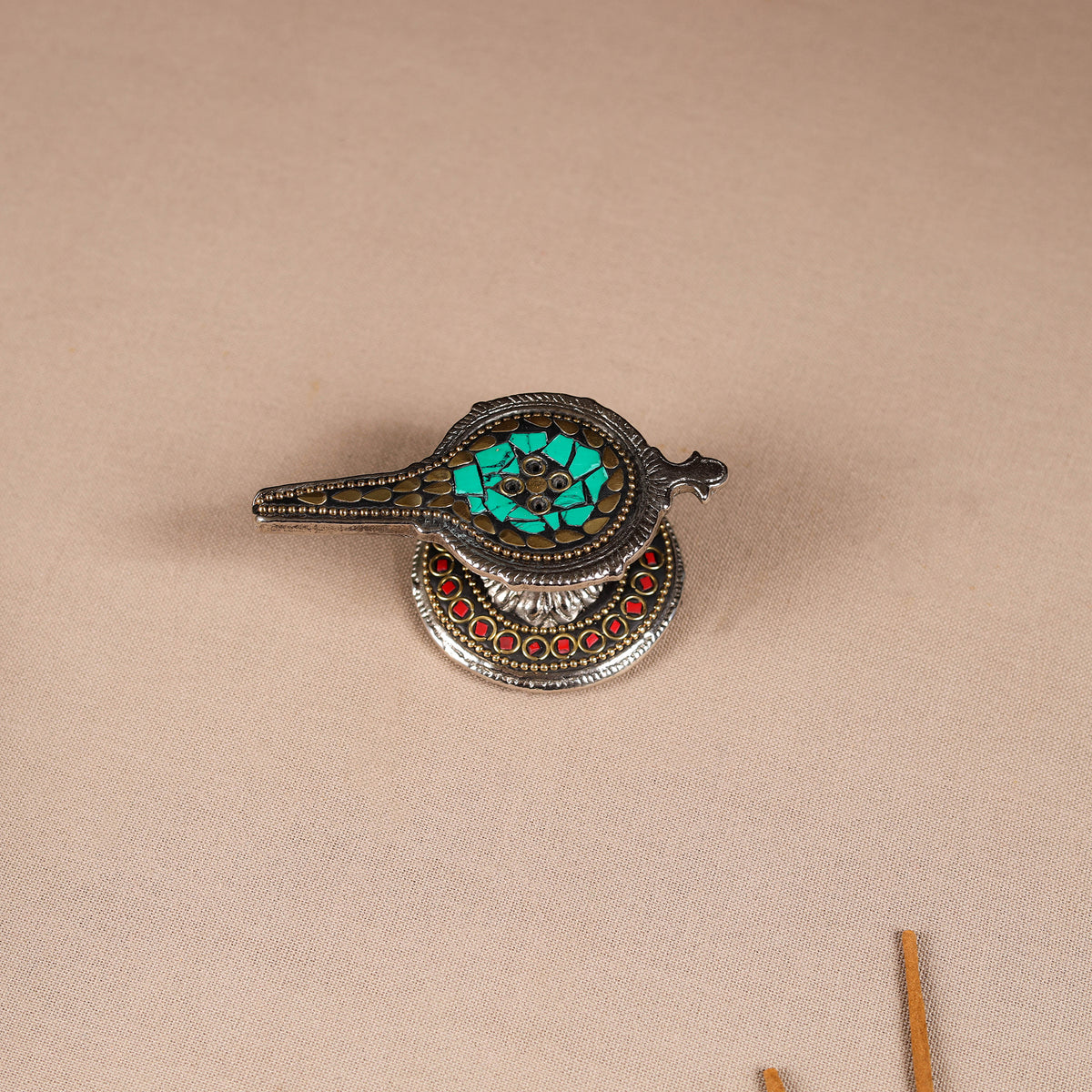 Tibetan Lamp Stone Work White Metal Incense Stick Holder 38