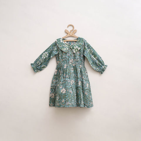 Green - Pure Cotton Girls Frock Dress in Sanganeri Floral Print (3-4 Years) 16