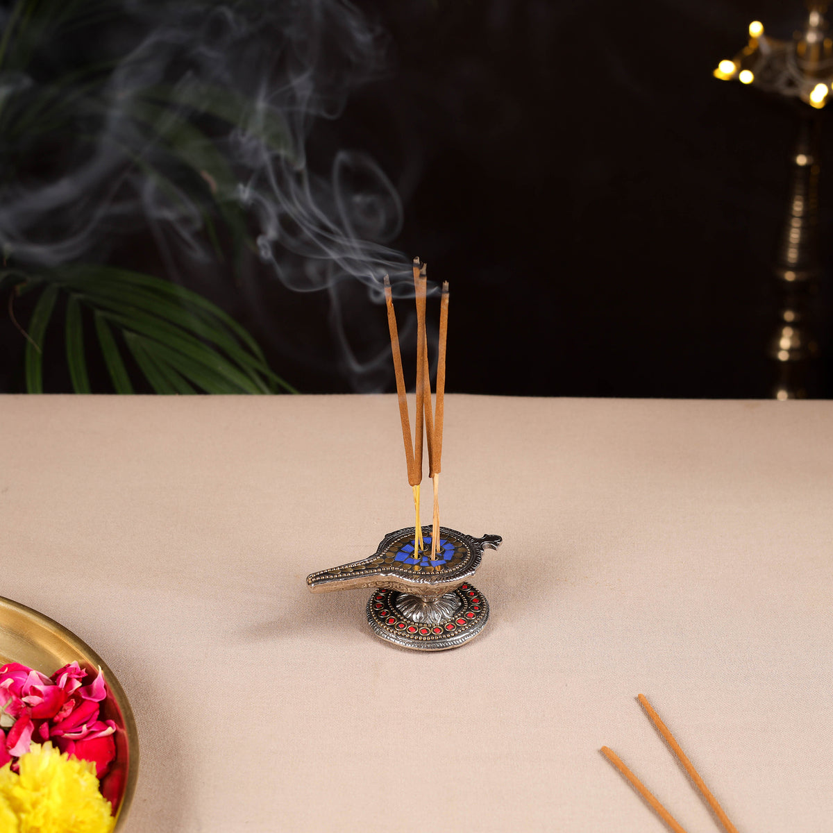 Tibetan lamp stone work white metal incense stick holder 37