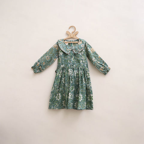 Green - Pure Cotton Girls Frock Dress in Sanganeri Floral Print (3-4 Years) 17
