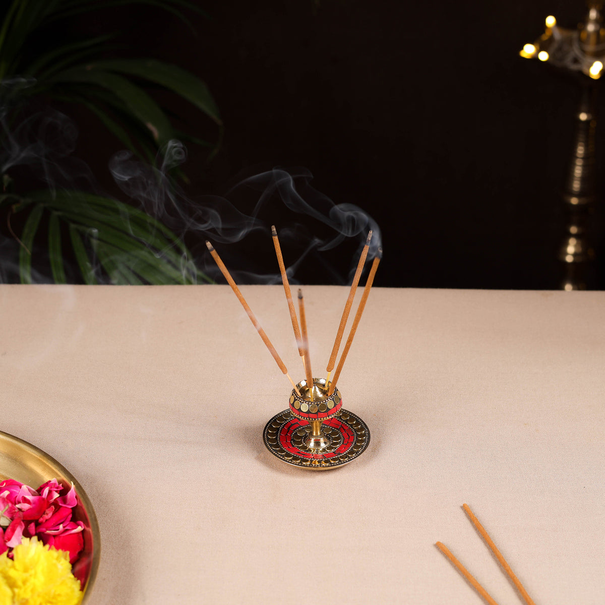 Tibetan stone work white metal incense stick holder 30