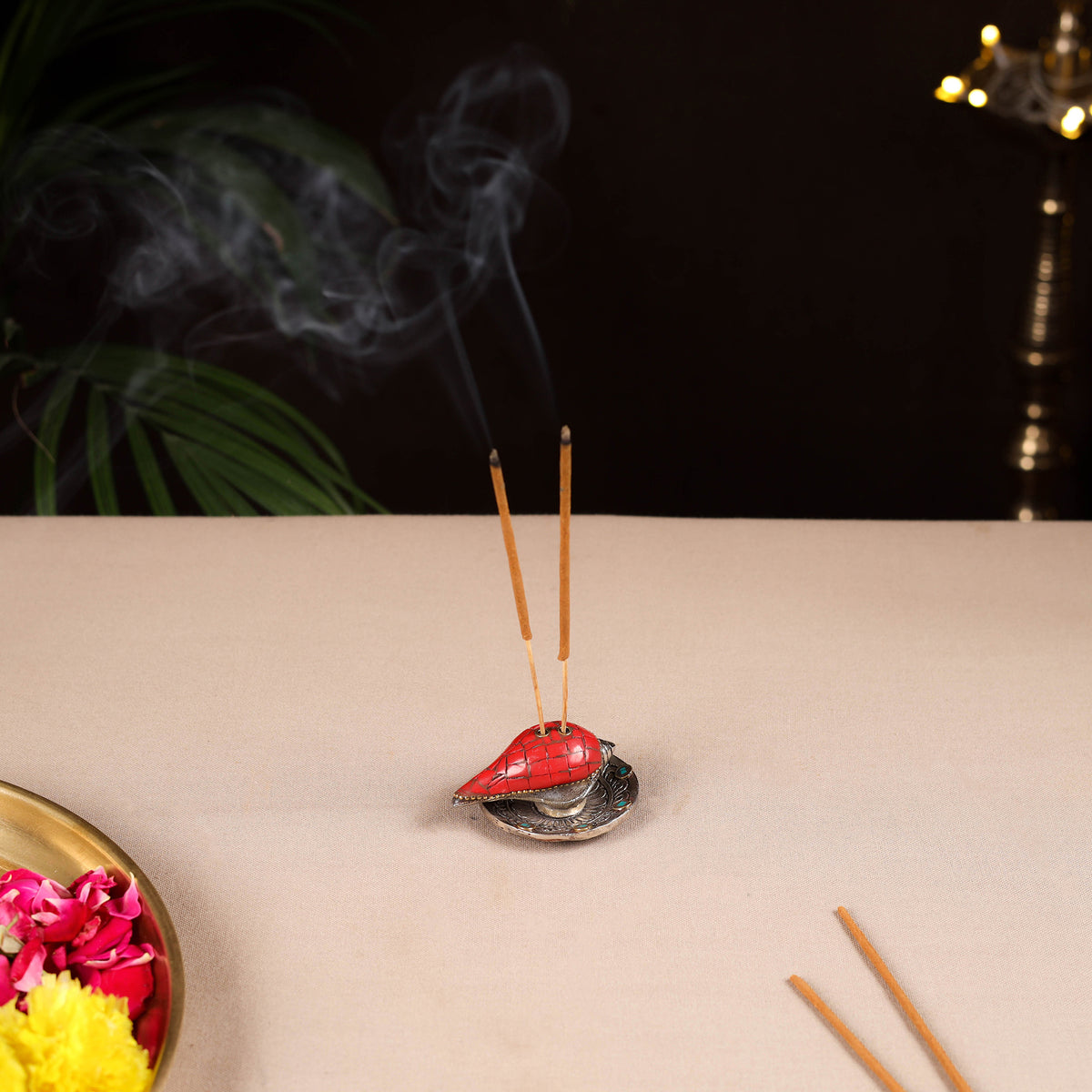 Tibetan shankh stone work white metal incense stick holder