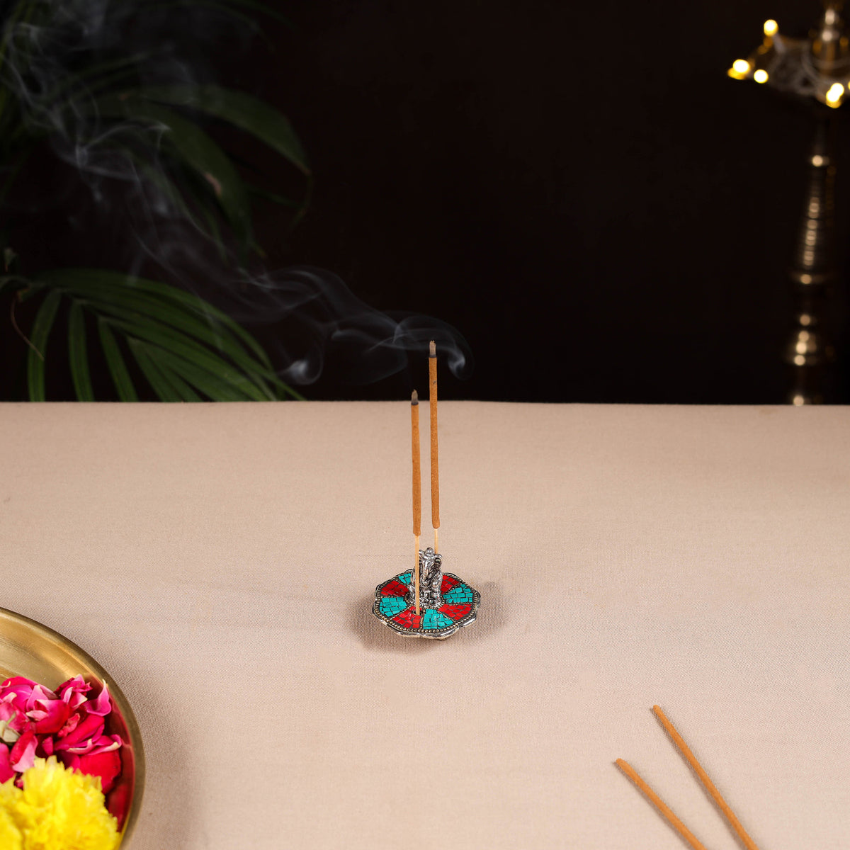 Tibetan ganesha stone work white metal incense stick holder