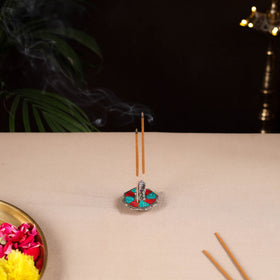Tibetan ganesha stone work white metal incense stick holder