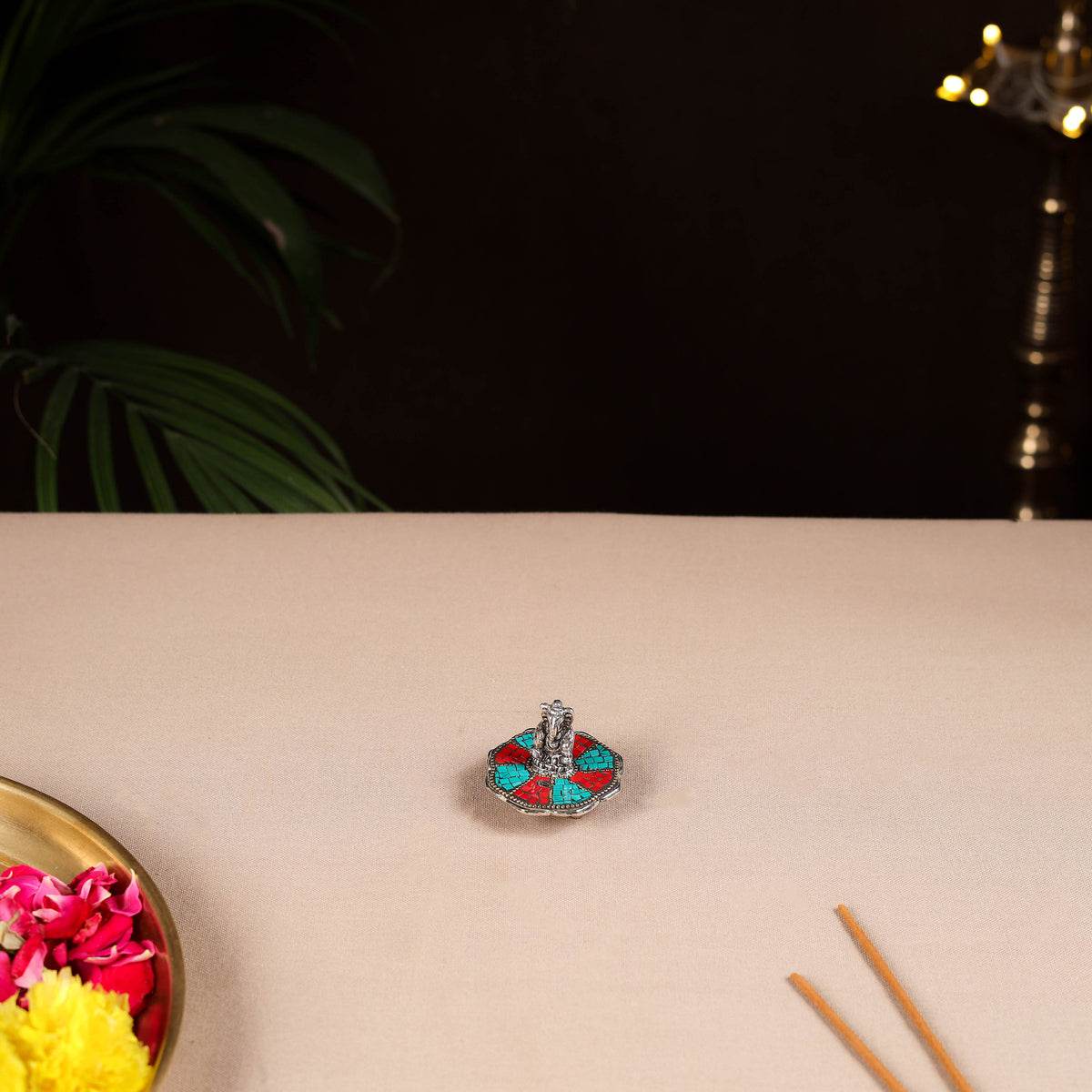 Tibetan ganesha stone work white metal incense stick holder