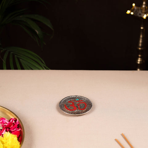 Tibetan om stone work white metal incense stick holder 34