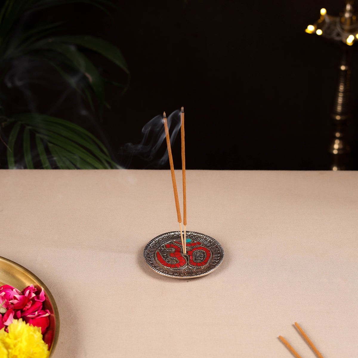 Tibetan om stone work white metal incense stick holder 34