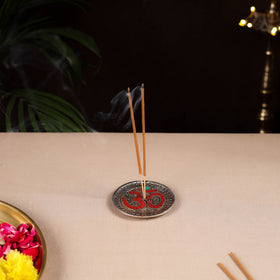Tibetan om stone work white metal incense stick holder 34