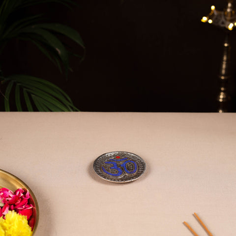 Tibetan Om Stone Work White Metal Incense Stick Holder 35