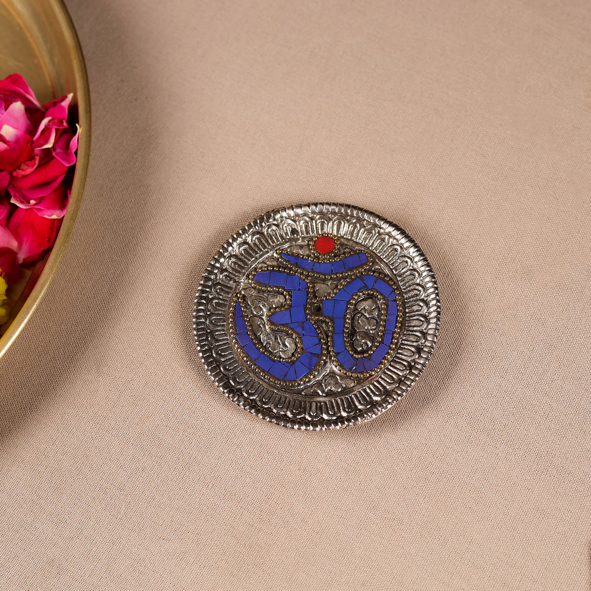 Tibetan Om Stone Work White Metal Incense Stick Holder 35