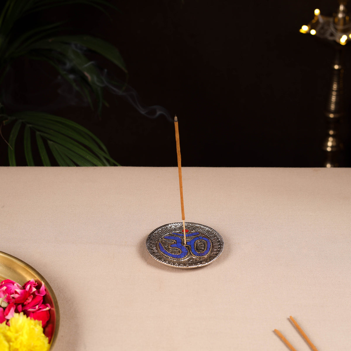 Tibetan Om Stone Work White Metal Incense Stick Holder 35