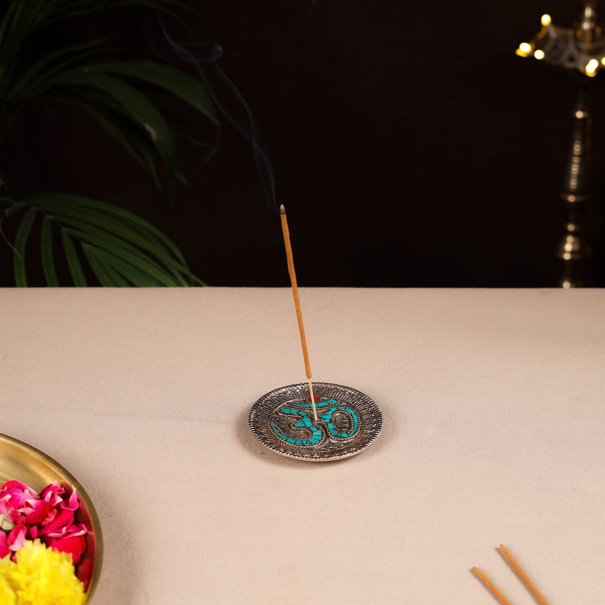 Tibetan Om Stone Work White Metal Incense Stick Holder 36