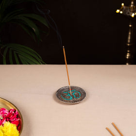 Tibetan Om Stone Work White Metal Incense Stick Holder 36