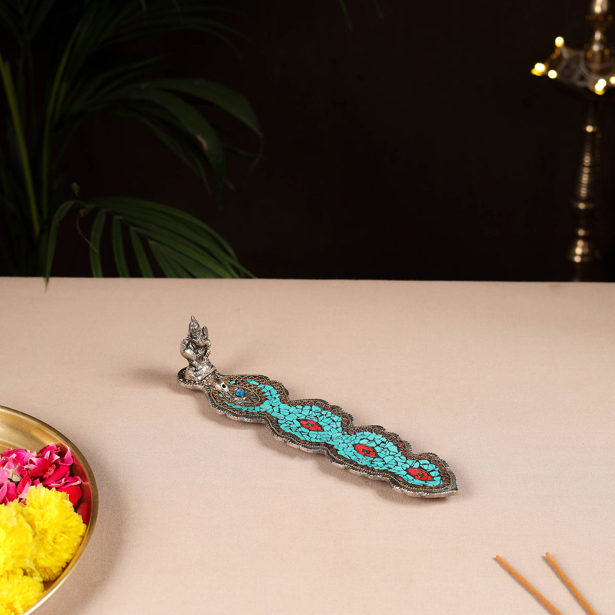 Tibetan leaf stone work white metal incense stick holder 17