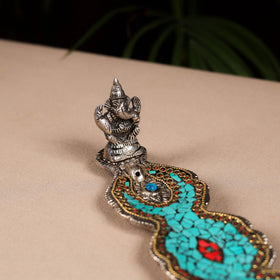 Tibetan leaf stone work white metal incense stick holder 17
