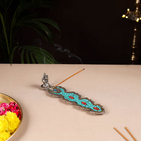 Tibetan leaf stone work white metal incense stick holder 17