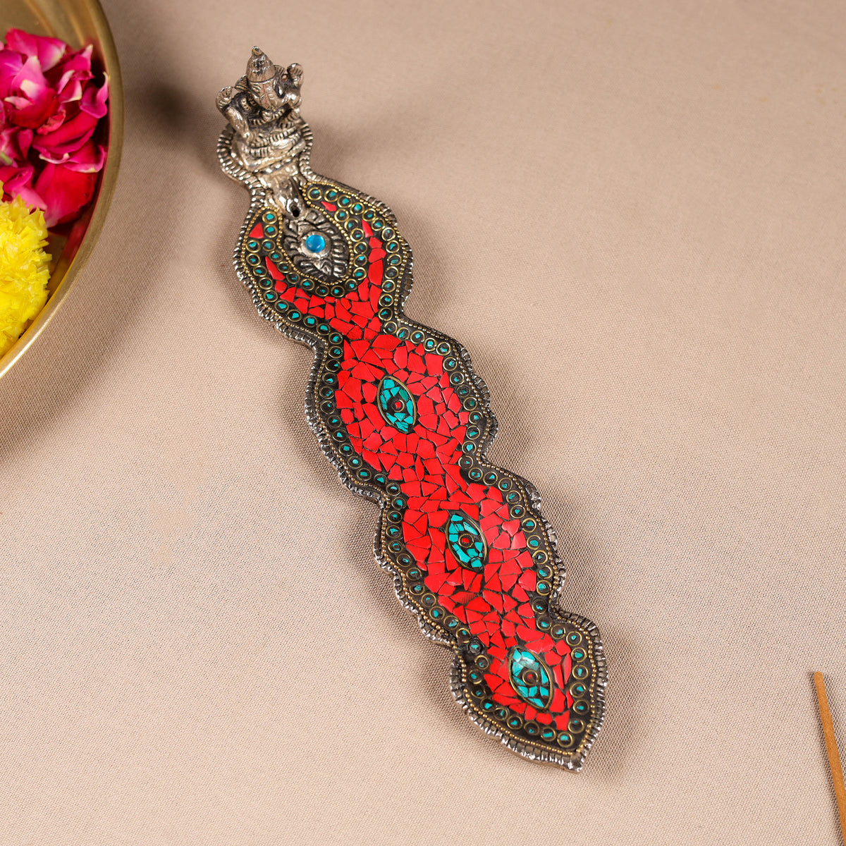Tibetan Leaf Stone Work White Metal Incense Stick Holder 18