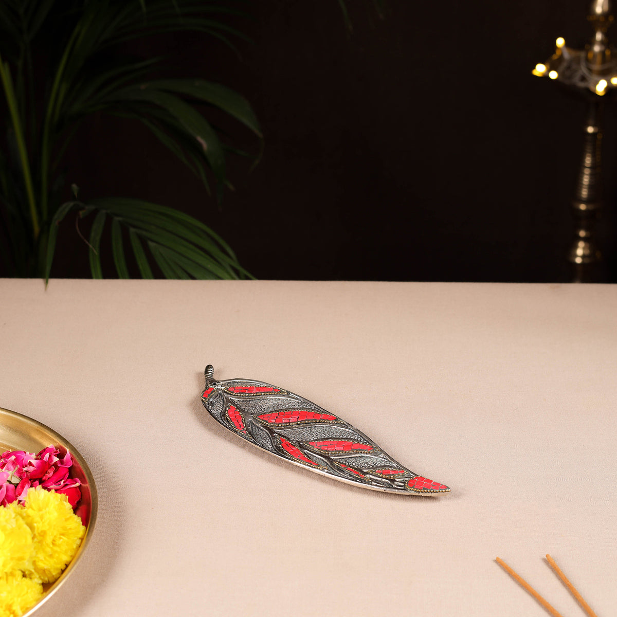 Tibetan Leaf Stone Work White Metal Incense Stick Holder 19