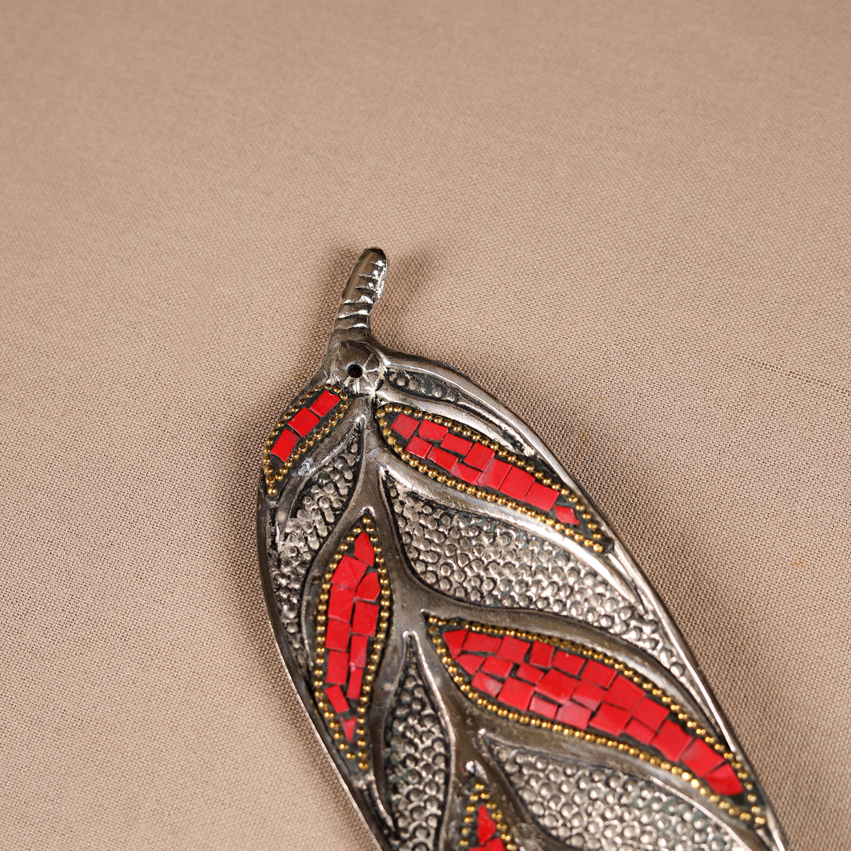 Tibetan Leaf Stone Work White Metal Incense Stick Holder 19