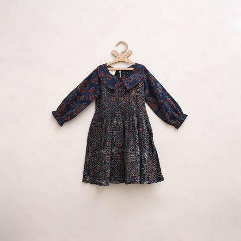 Blue - Pure Cotton Girls Frock Dress in Ajrakh Block Print (3-4 Years) 27