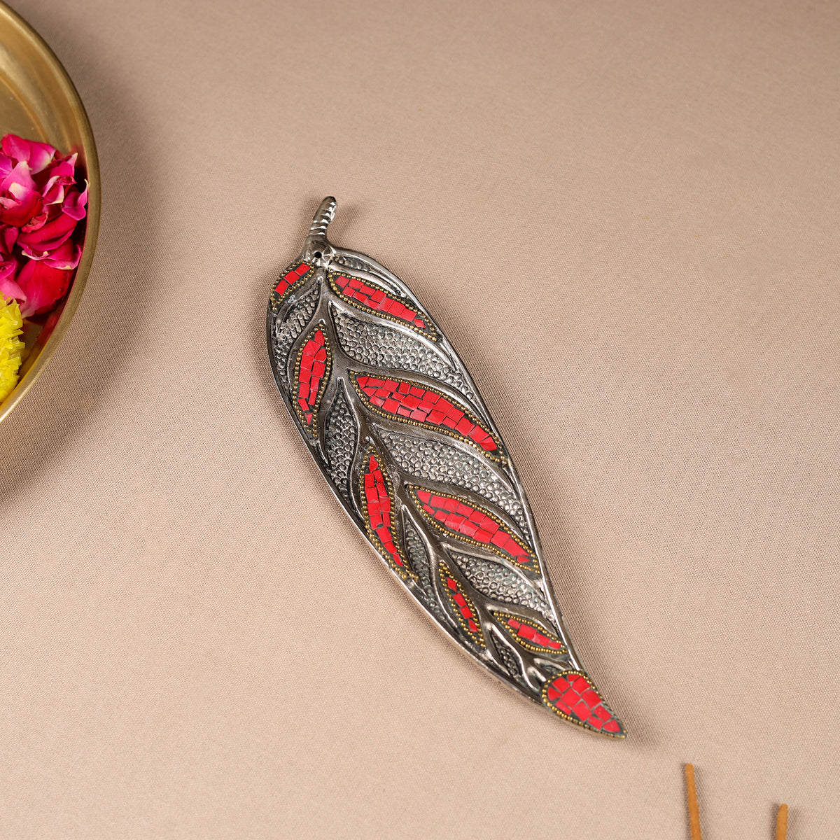 Tibetan Leaf Stone Work White Metal Incense Stick Holder 19