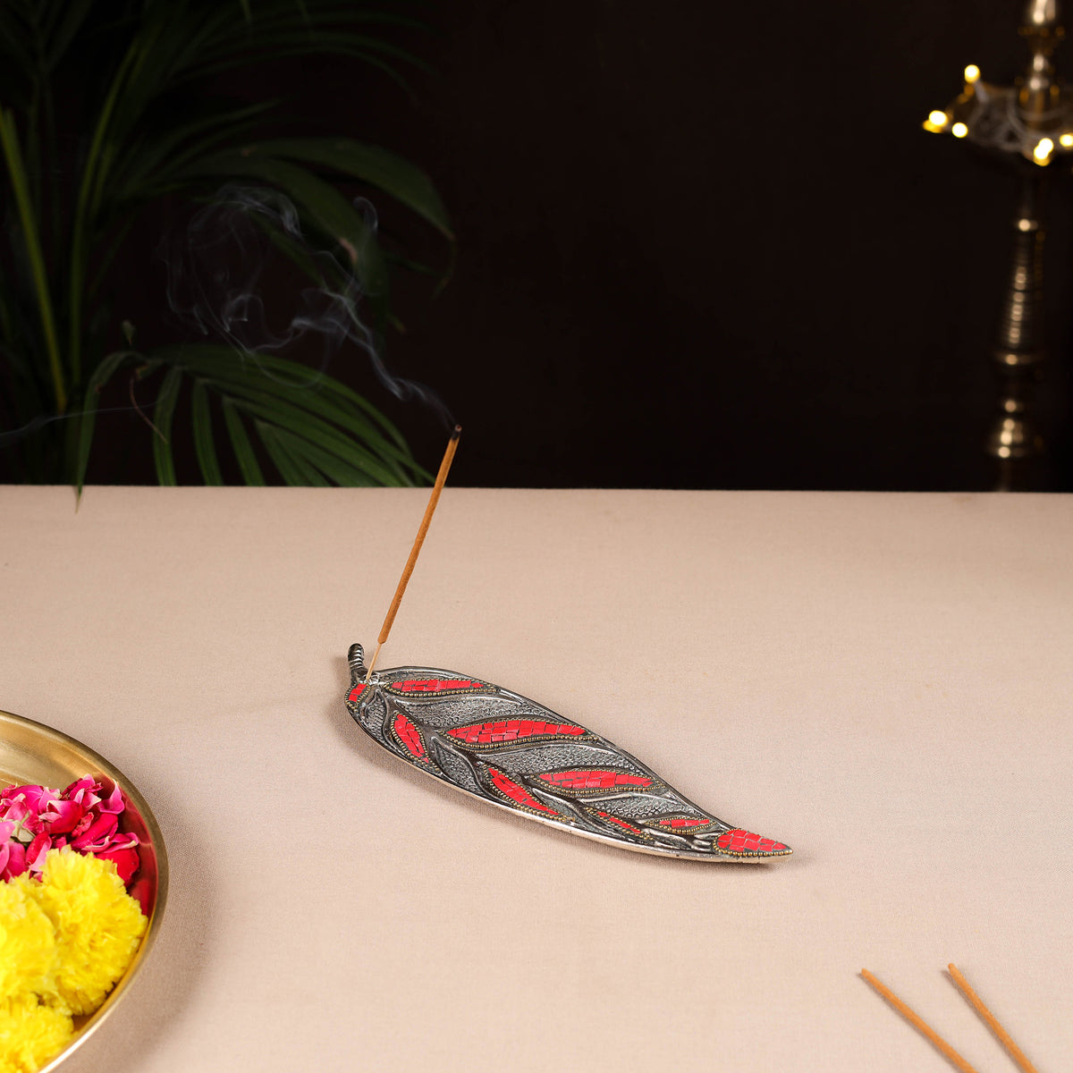 Tibetan Leaf Stone Work White Metal Incense Stick Holder 19