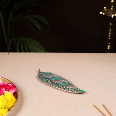 Tibetan Leaf Stone Work White Metal Incense Stick Holder 20