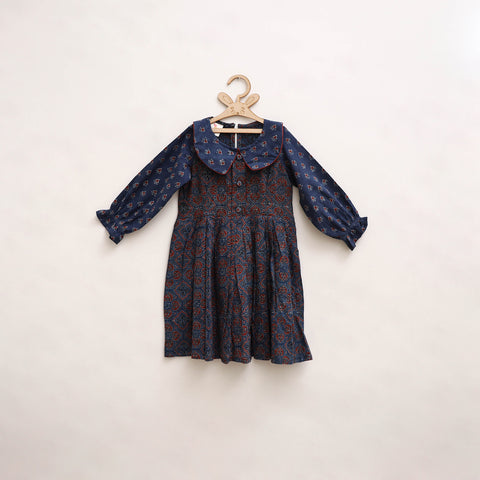 Blue - Pure Cotton Girls Frock Dress in Ajrakh Block Print (3-4 Years) 29