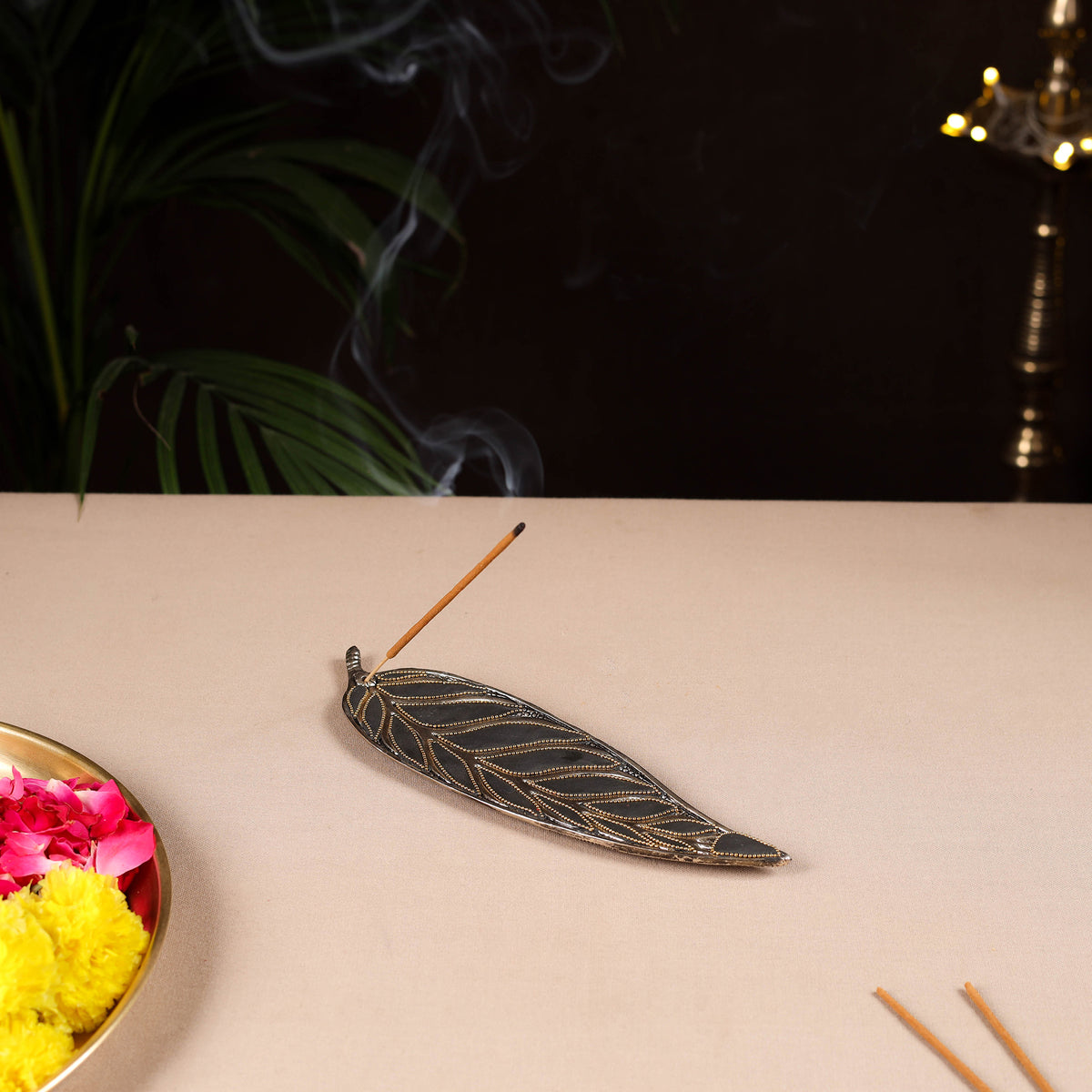 Tibetan Leaf Stone Work White Metal Incense Stick Holder 21