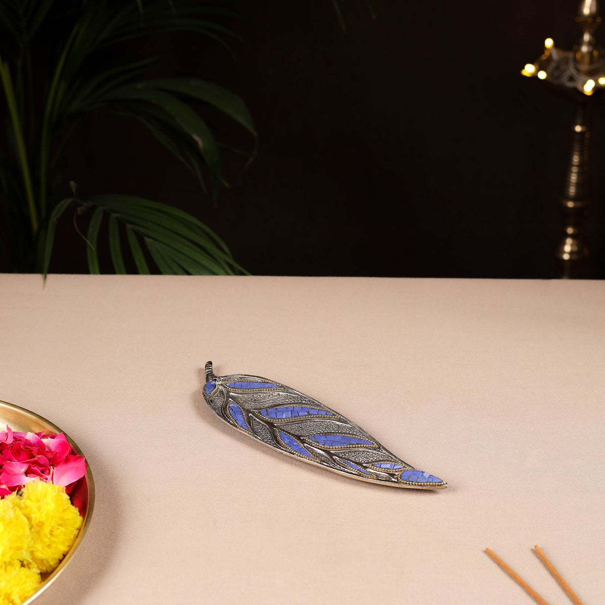 Tibetan Leaf Stone Work White Metal Incense Stick Holder 22