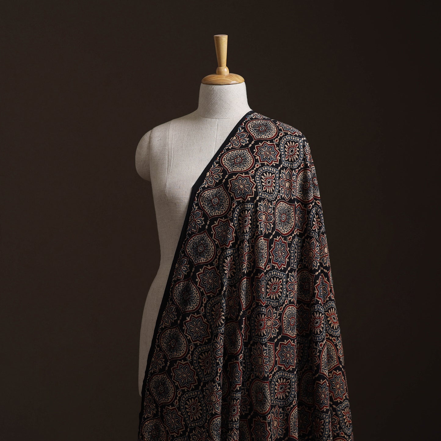 Ajrakh Hand Block Print Natural Dyed Crepe Silk Fabric 34