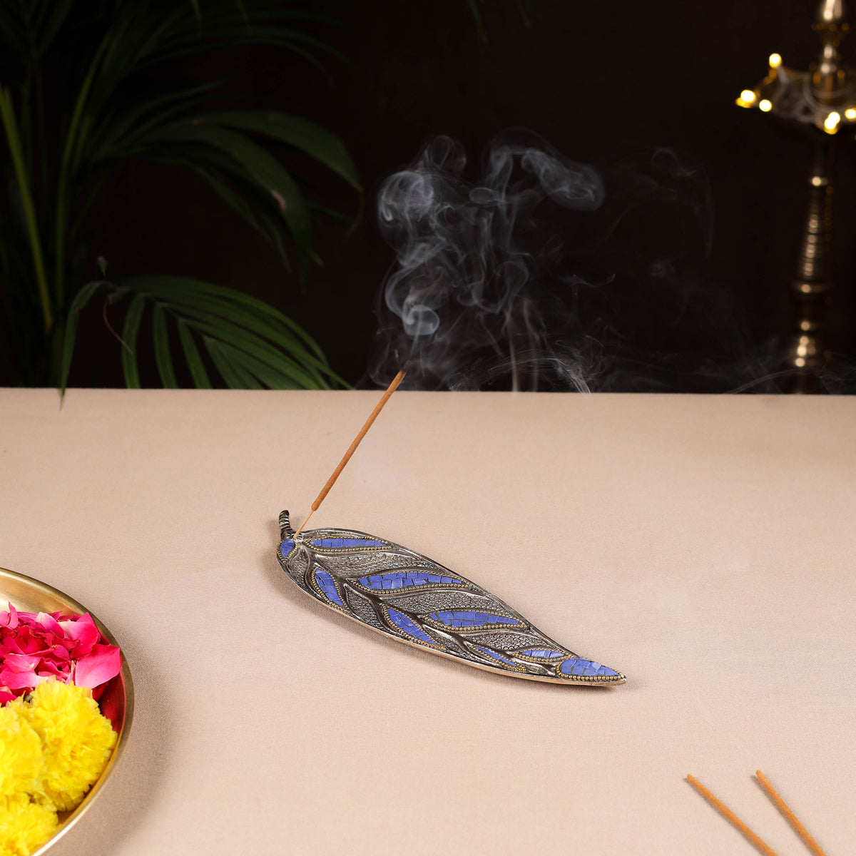 Tibetan Leaf Stone Work White Metal Incense Stick Holder 22