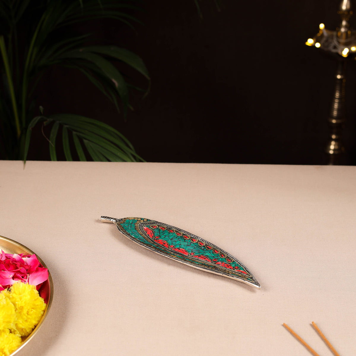 Tibetan Leaf Stone Work White Metal Incense Stick Holder 25