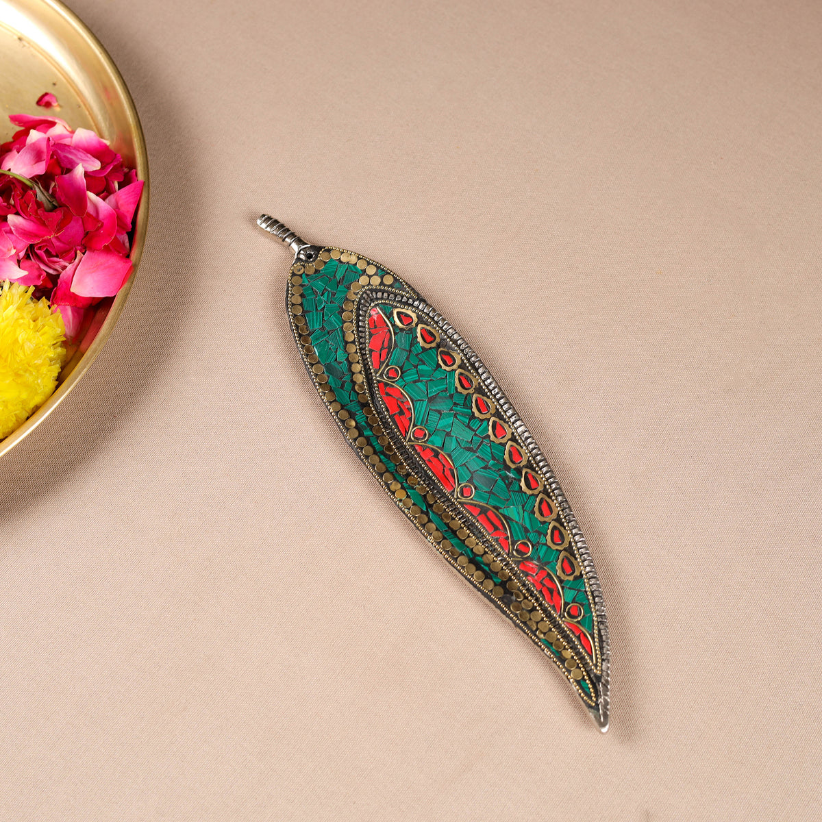 Tibetan Leaf Stone Work White Metal Incense Stick Holder 25