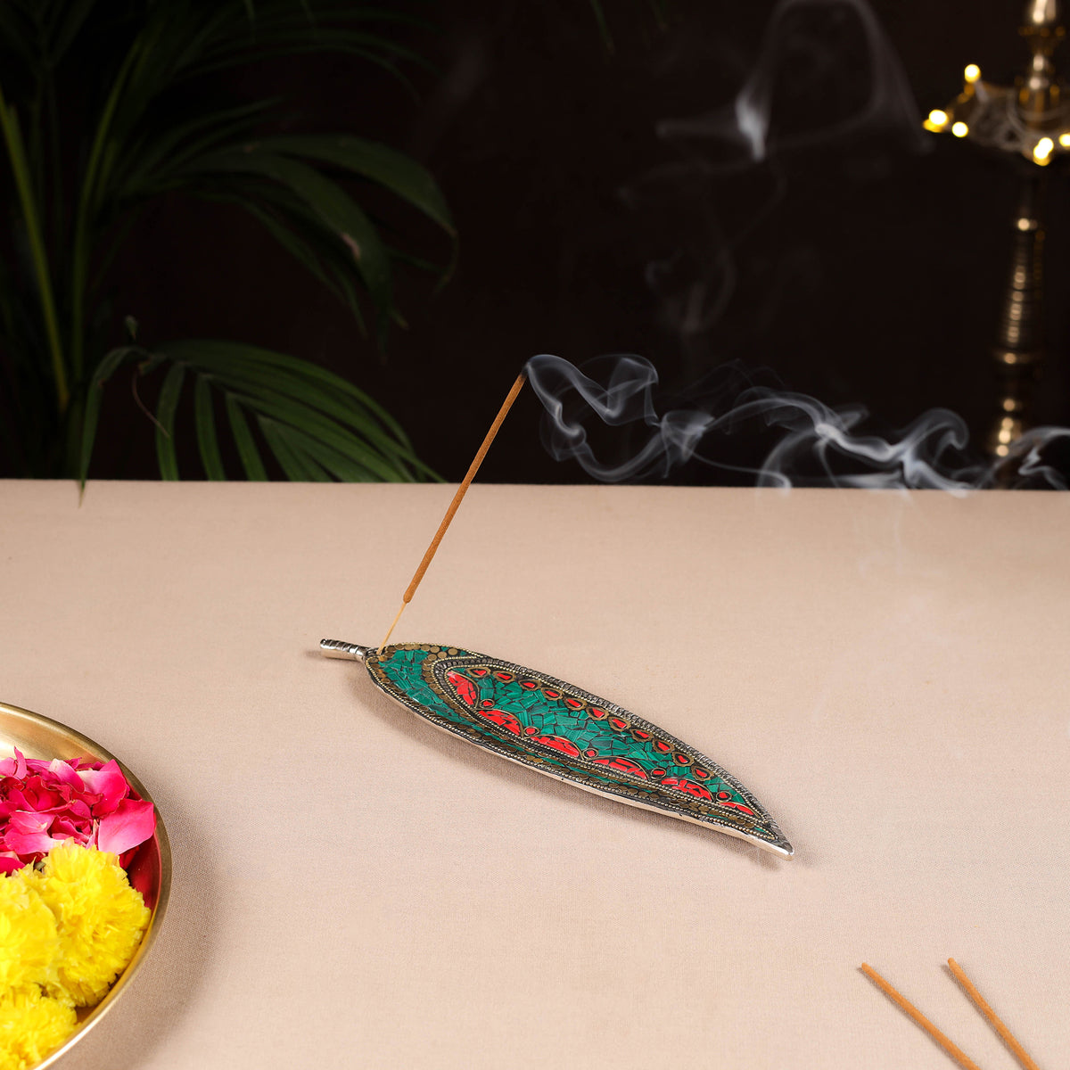 Tibetan Leaf Stone Work White Metal Incense Stick Holder 25
