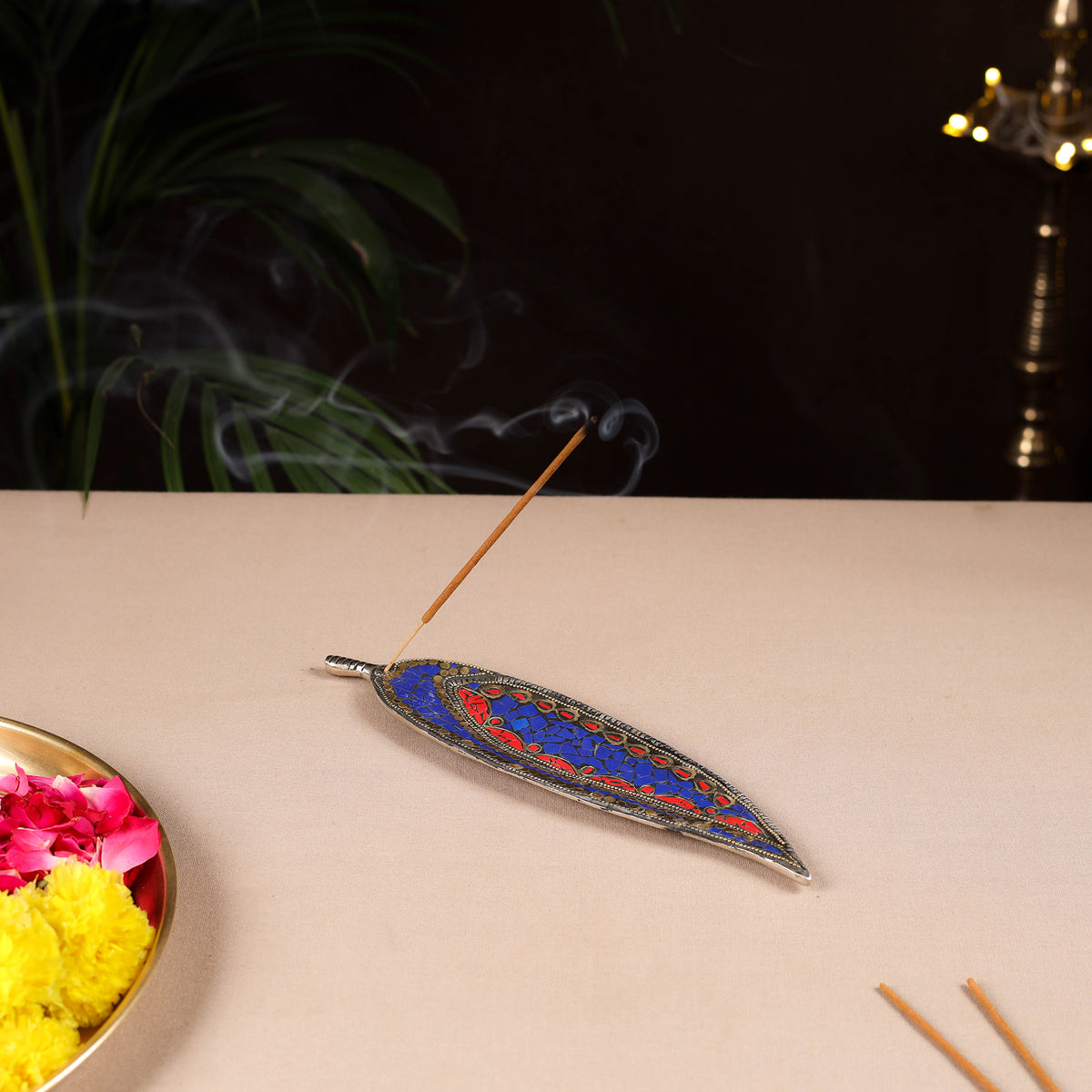Tibetan Leaf Stone Work White Metal Incense Stick Holder 26