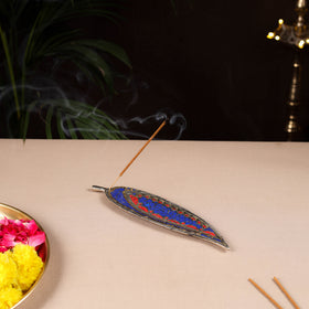 Tibetan Leaf Stone Work White Metal Incense Stick Holder 26