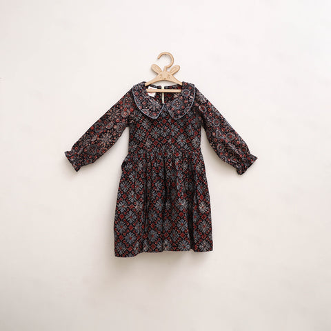 Black - Pure Cotton Girls Frock Dress in Ajrakh Block Print (3-4 Years) 31