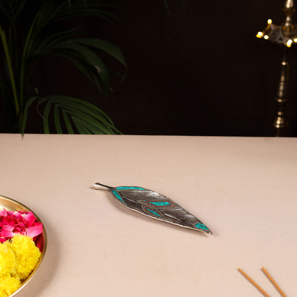 Tibetan Leaf Stone Work White Metal Incense Stick Holder 27