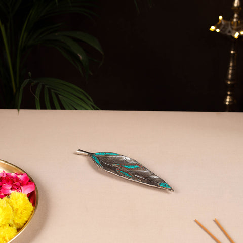 Tibetan leaf stone work white metal incense stick holder 27
