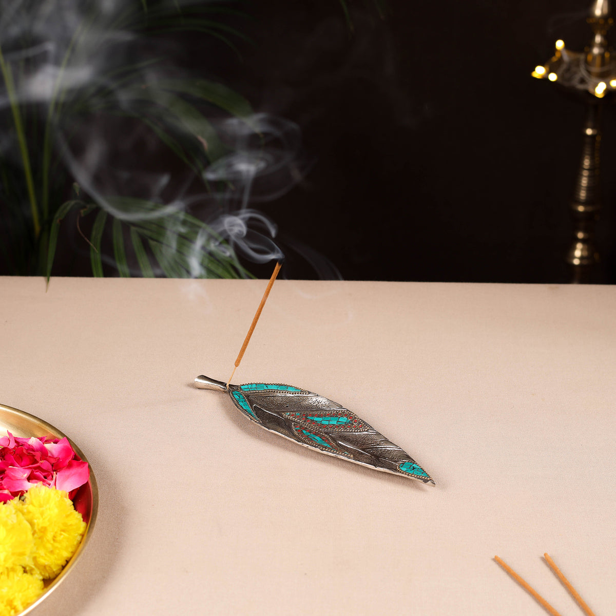 Tibetan Leaf Stone Work White Metal Incense Stick Holder 27